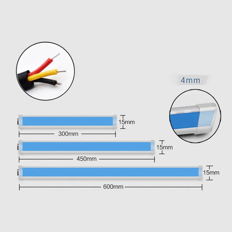 Car LED daytime running light strip with flowing turn signal effect in blue to yellow colour.
