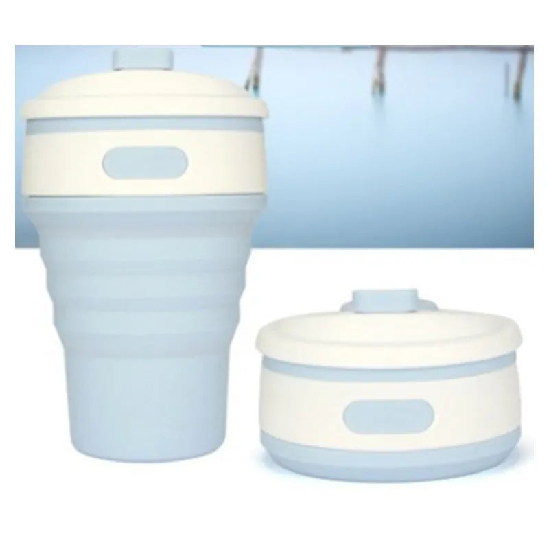 Collapsible silicone travel cup shown expanded and folded with leak-proof cover