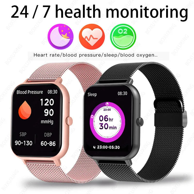Smart watch with AMOLED screen showing health monitoring functions including heart rate and blood oxygen