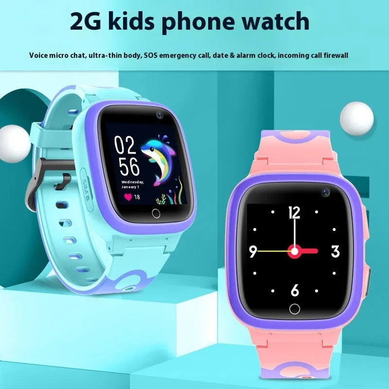 Children's smart positioning watch with 1.44 screen, waterproof silicone ABS strap, touch button, pink or blue.
