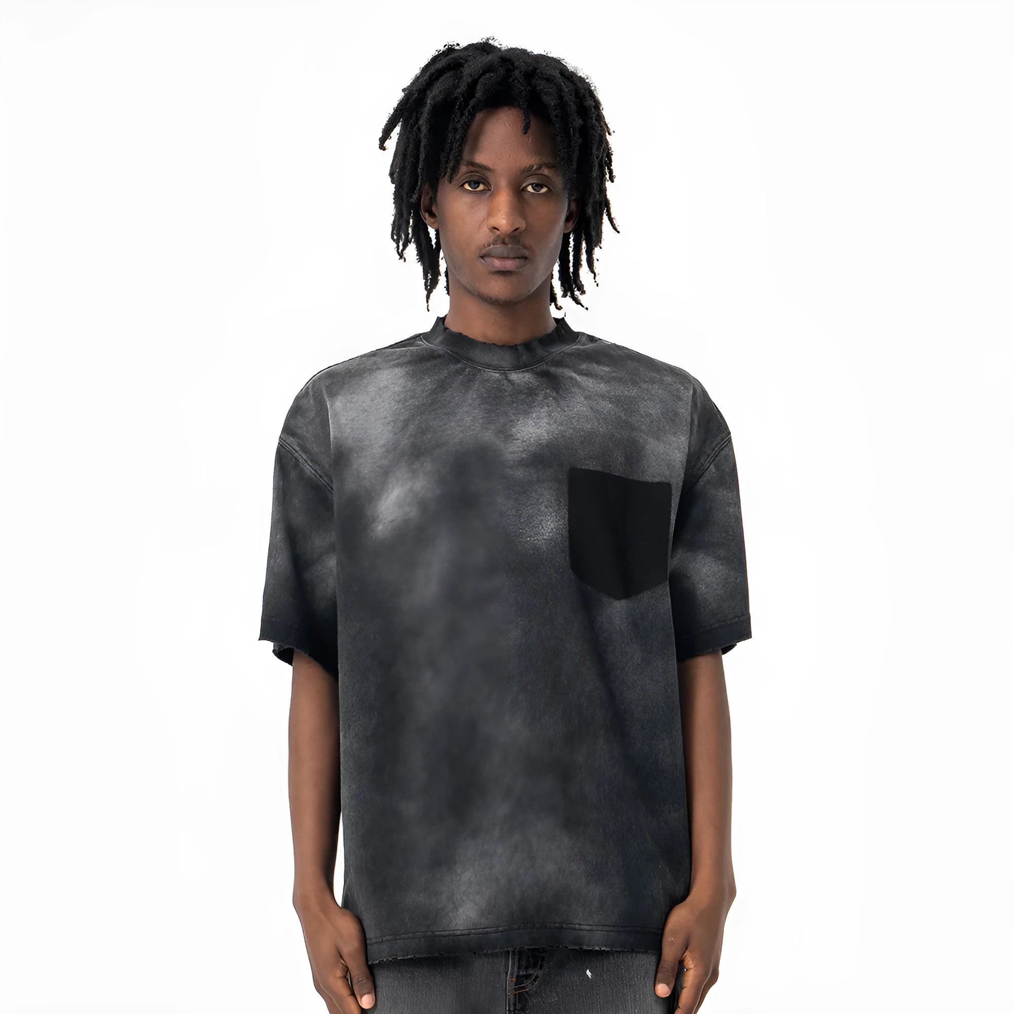 Men's black cotton T-shirt with white printed letter graphic design and drop shoulder sleeves