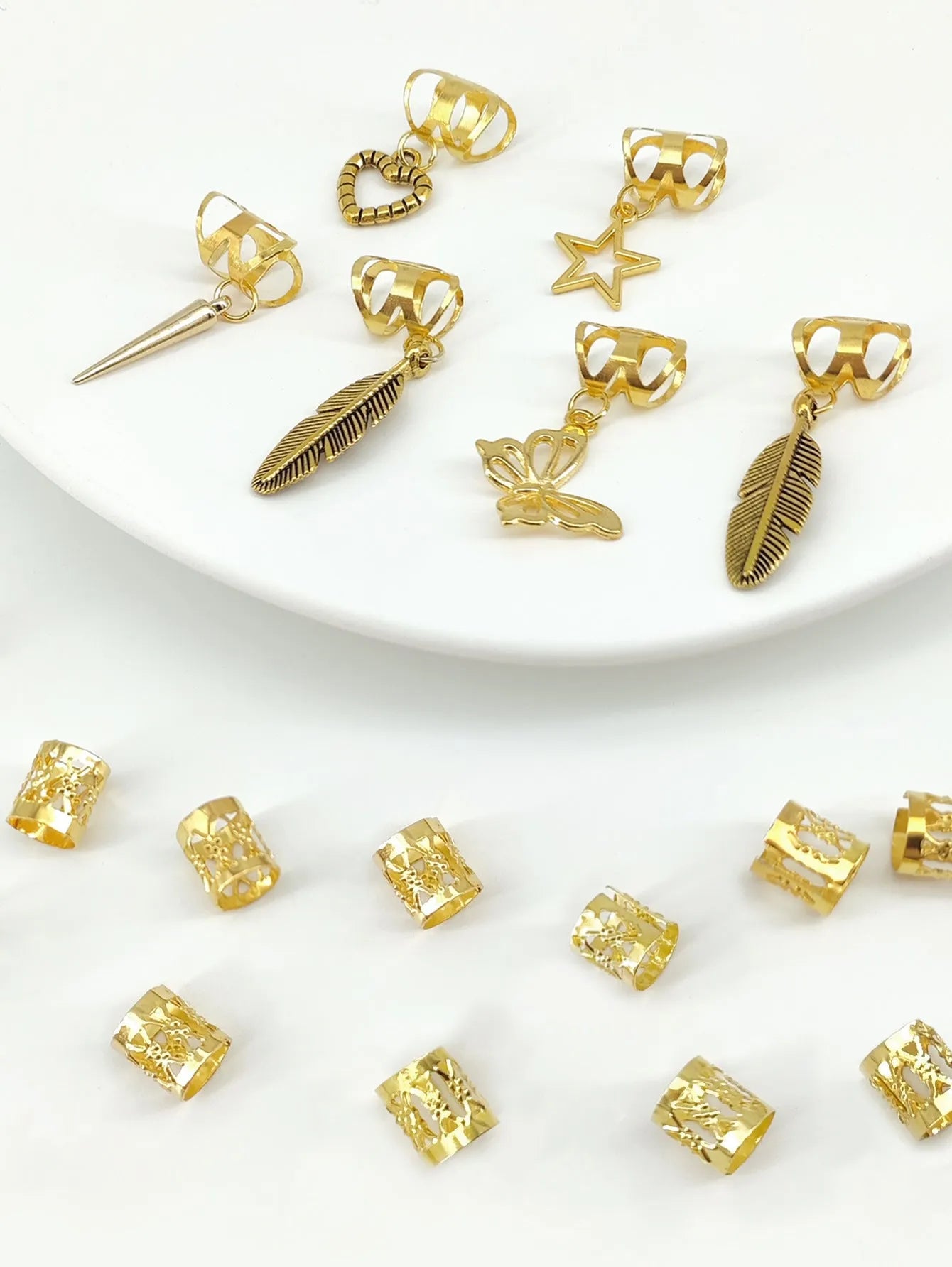 Set of 52 antique style alloy hair rings with leaf design in gold or silver for braiding