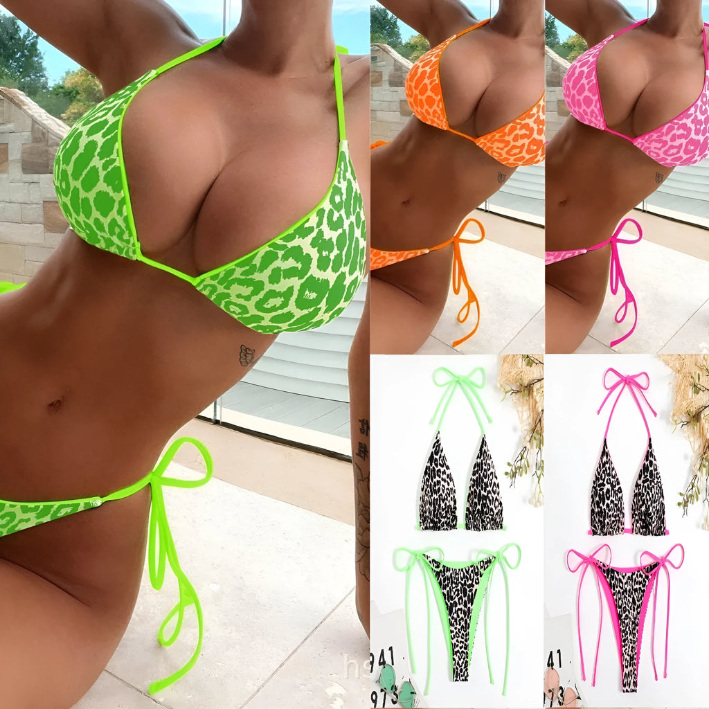 Women's lace-up triangle bikini set with split bottom in polyester fabric