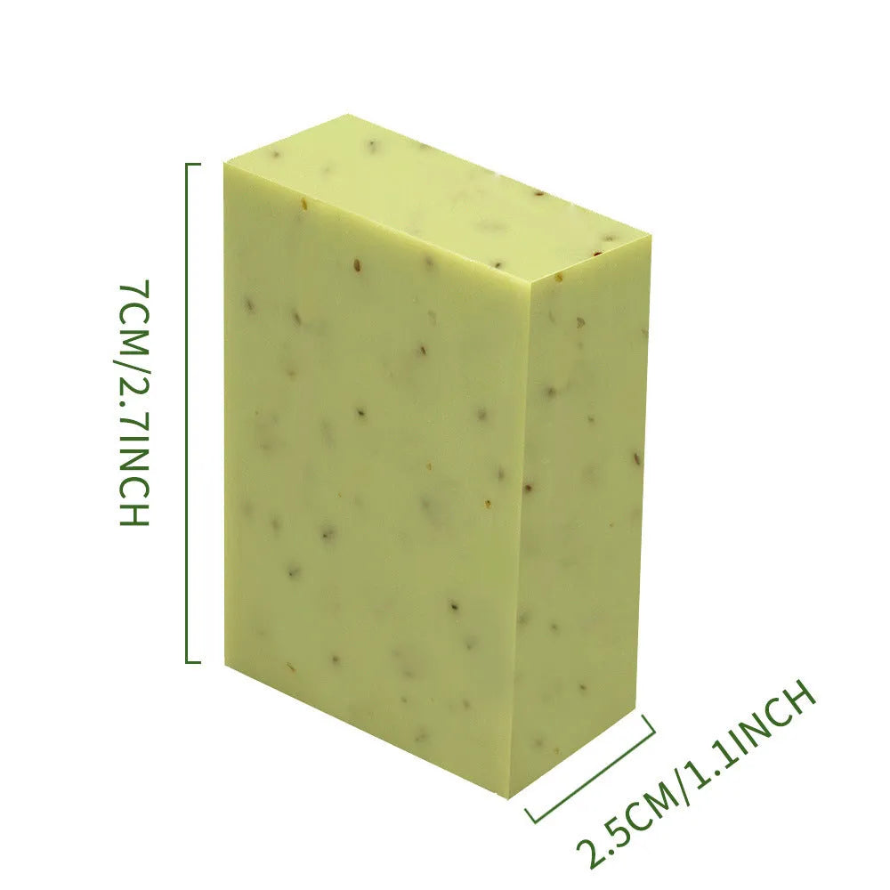 Handmade frosted essential oil soap bar on a bathroom surface, showing its textured finish.