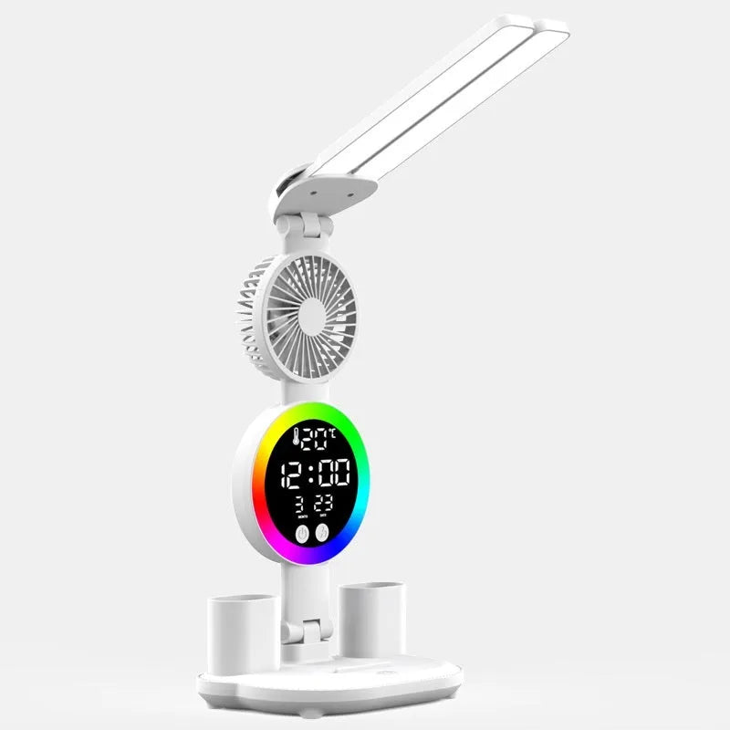 LED student desk lamp with clock and fan double-headed rechargeable USB powered