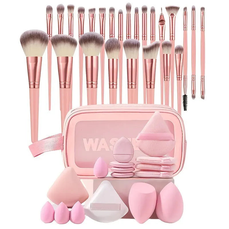 Hydrophilic non-latex beauty tool set in brown, pink and purple colours for facial cleansing and makeup application