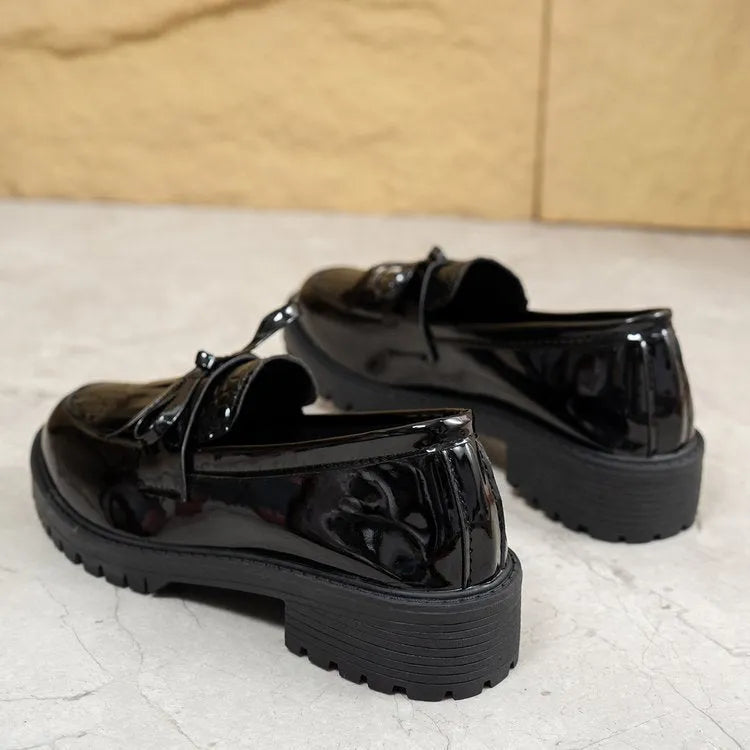 Women's black and brown loafers with bow detail, synthetic PU upper, available sizes 36-43