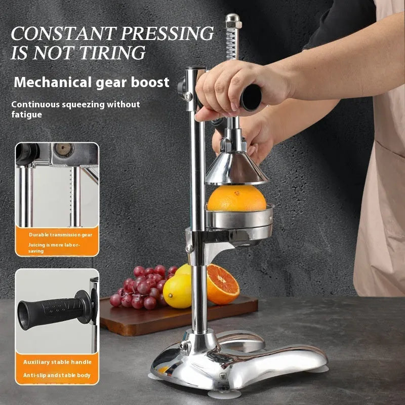 Vertical stainless steel manual juicer with lever, shown in multiple colour and head style options.