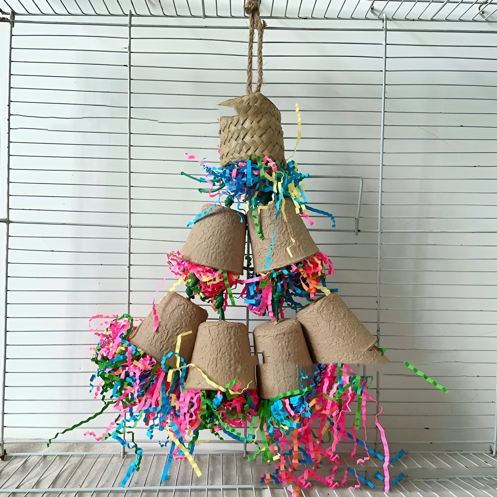 Wood tone palm weaving parrot gnawing toy shaped like a paper cup with 38cm hanging cord