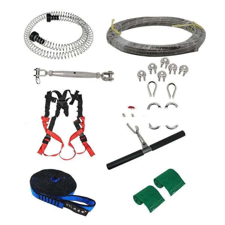 Ziptreck 10 metre pulley slide rope kit with handle, alloy steel pulleys, locks, and tree protection sleeves.