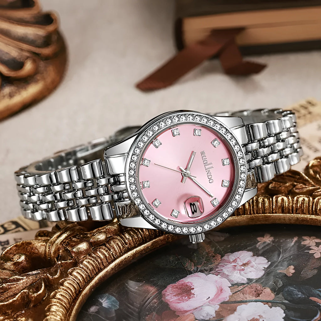 Women's silver quartz watch with 32mm alloy case and stainless steel buckle