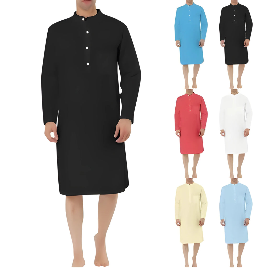 A man's simple cotton shirt robe in a light colour, shown hanging, with visible button front and pockets.