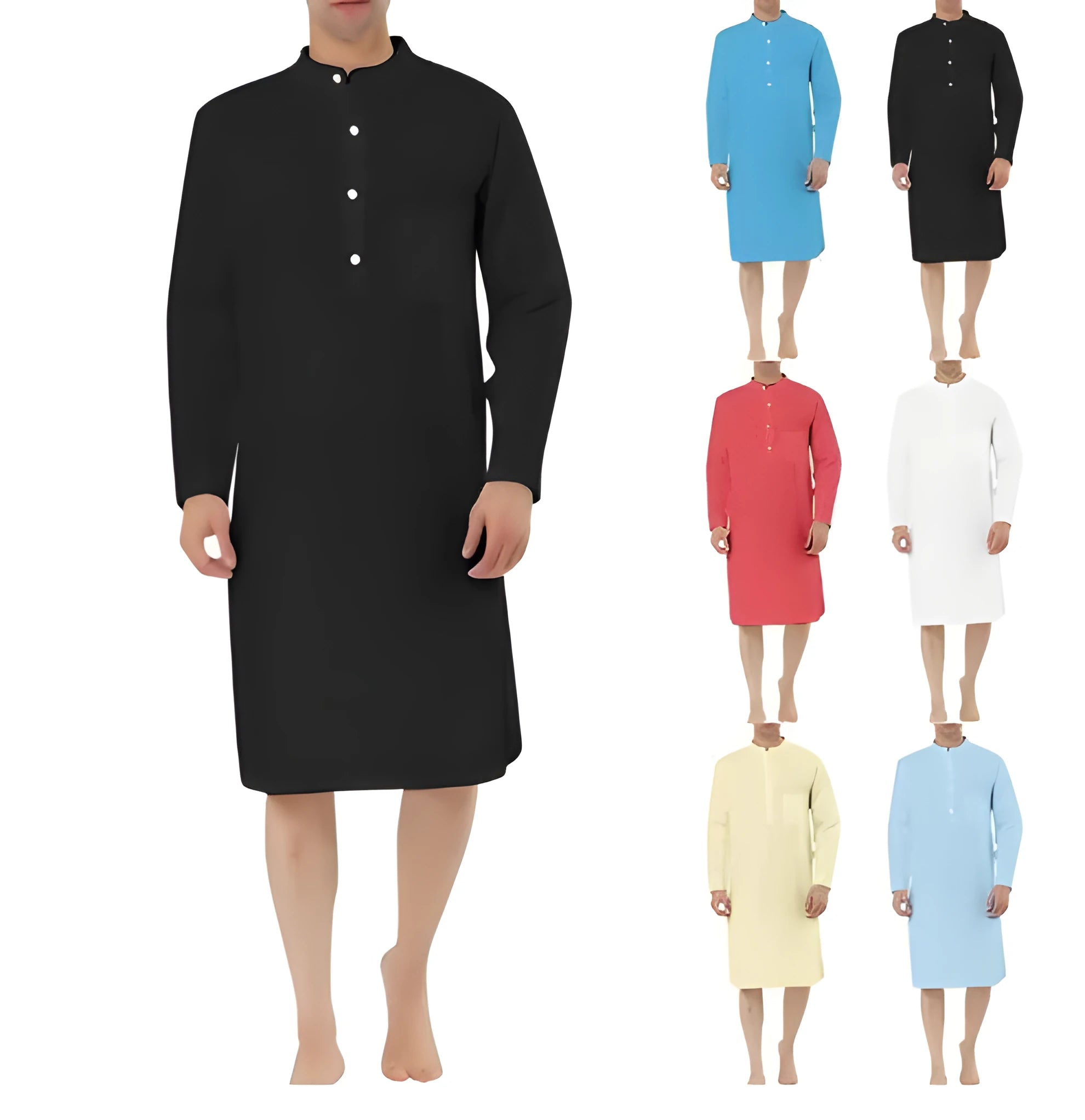 A man's simple cotton shirt robe in a light colour, shown hanging, with visible button front and pockets.