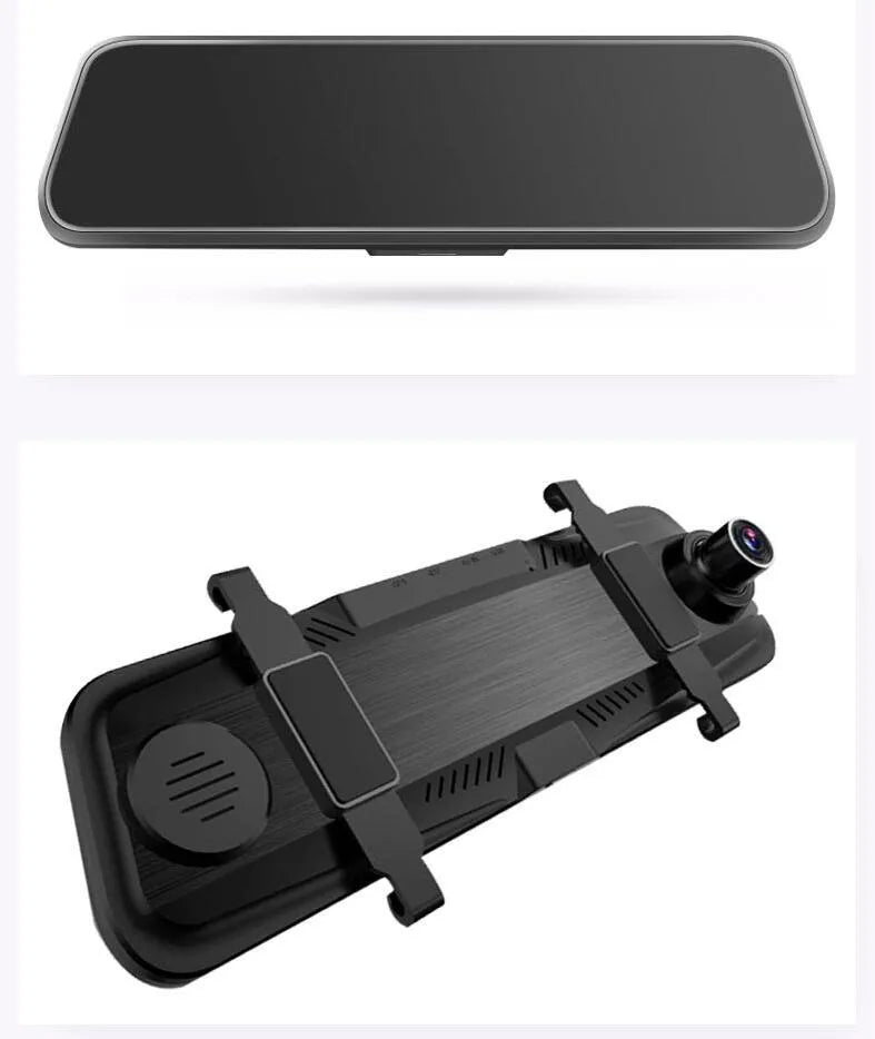 Dual cameras driving recorder with 10-inch 2.5D full glass screen, 170-degree wide-angle lens, and rearview mirror mount.