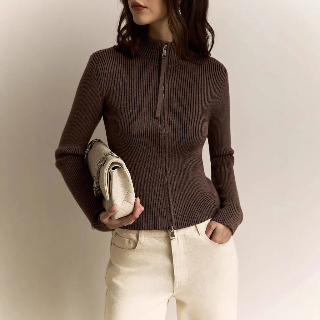 Women's slim fit long sleeve top with stand collar and zip front, high waist, viscose, 50cm length, white burgundy black dark brown.