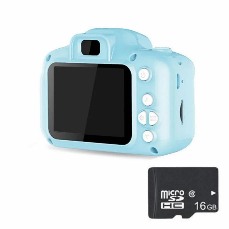 Children's HD digital waterproof camera with 2.3 inch screen and 800W pixel sensor, shown in blue, green, and pink