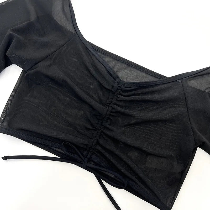 Black mesh women's long sleeve bikini swimsuit set with four pieces