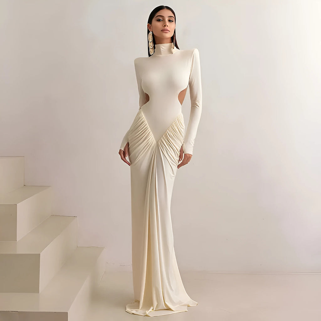 Long sleeve high collar women's dress with a pleated backless detail in a slim fit.