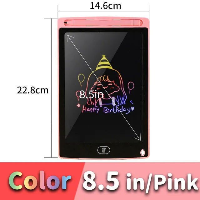 LCD drawing tablet for children with plastic stylus, shown as a light energy writing board in multiple sizes and colours