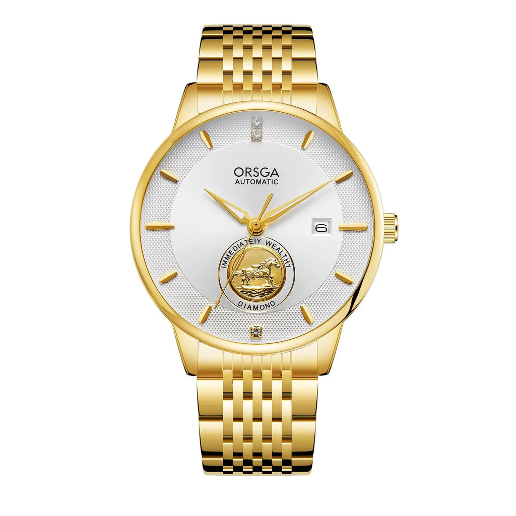 Gold steel belt waterproof transparent bottom mechanical watch with black dial and 13.5mm thickness