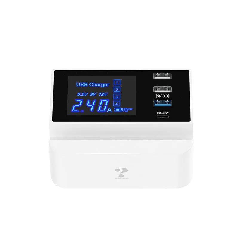 White USB multi-port charger for tablets and smartphones with EU UK US adapters, PC+ABS flame retardant material