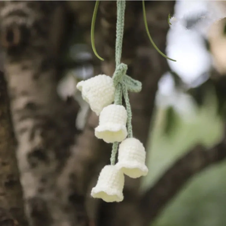 Green and white knitted car plant ornament with hanging rope for dashboard or mirror decoration