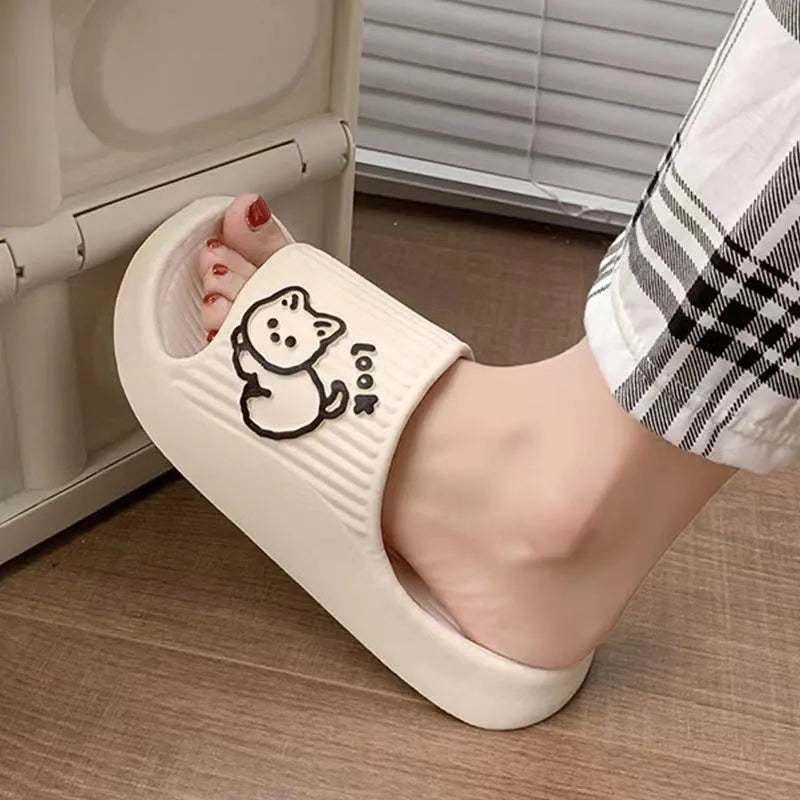 Cat-themed platform slippers with thick EVA sole in multiple colour options