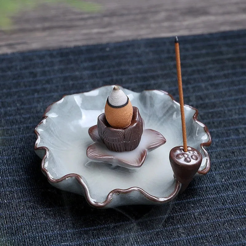 Square purple clay ceramic reverse flow incense burner with crystal glaze and auspicious lotus plum blossom symbols