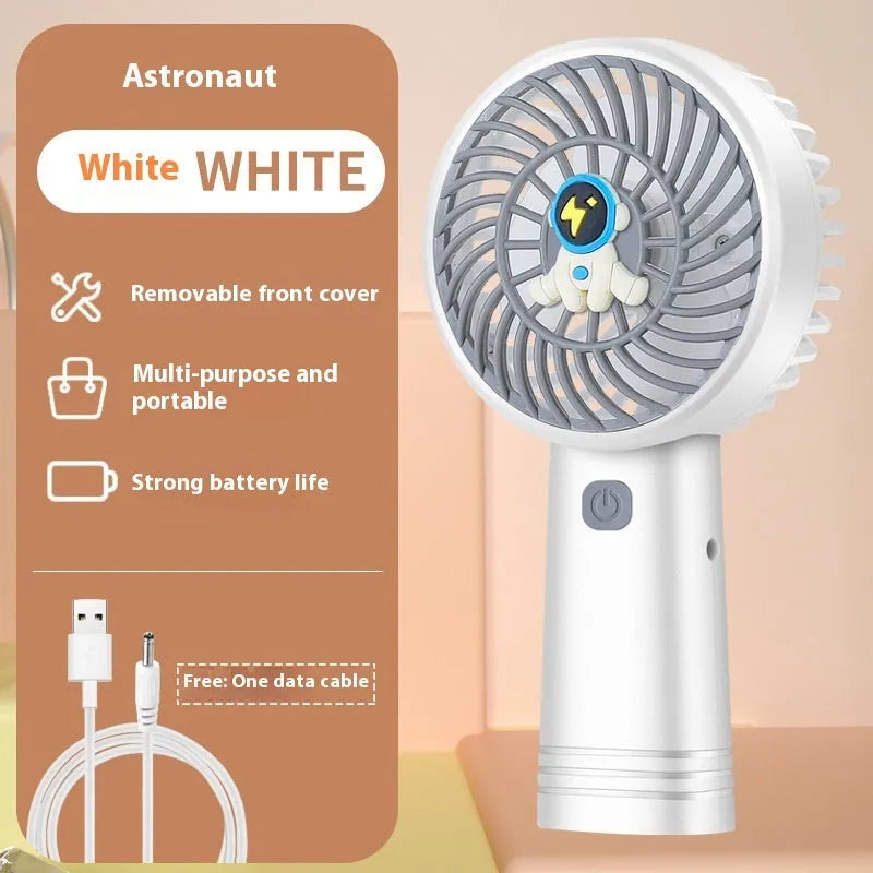 Outdoor portable USB rechargeable handheld fan with three plastic blades, available in multiple colours and cartoon designs