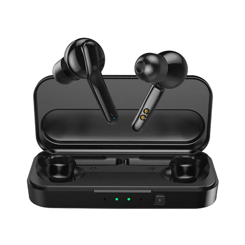 Black TWS wireless Bluetooth earbuds with IPX5 waterproof rating