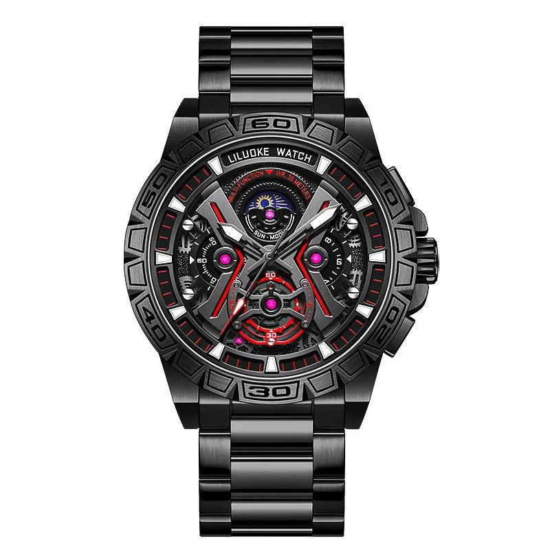 Men's black stainless steel multifunction quartz watch with luminous rotating dial and 13mm thick case