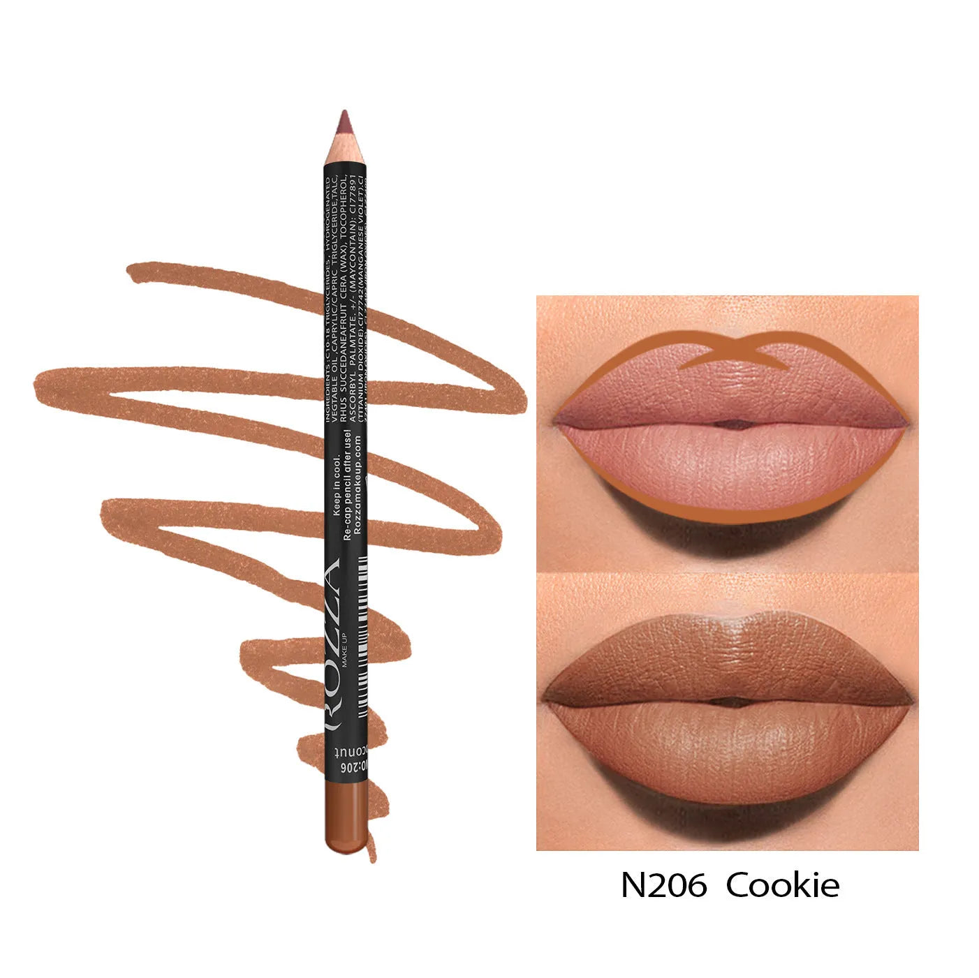 A lip liner pencil in a wooden barrel, shown with a sharp point, alongside swatches of its 14 available colour shades.