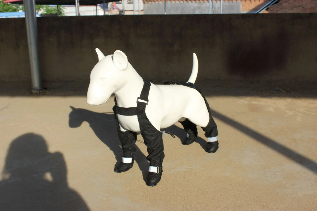 Black waterproof dog shoes with non-slip soles and strap design for paw protection