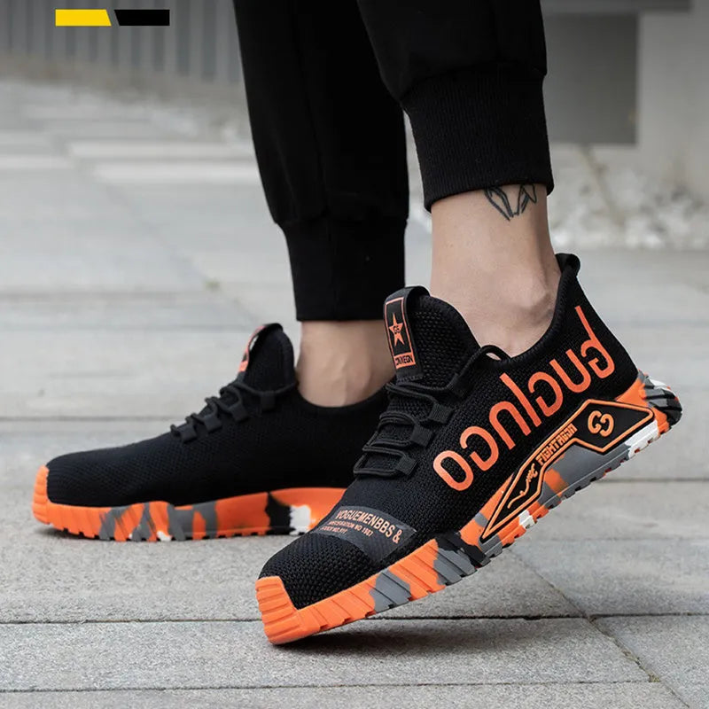 Steel toe work shoes for men, puncture proof sneakers, fly woven mesh upper, rubber sole, sizes 36-48