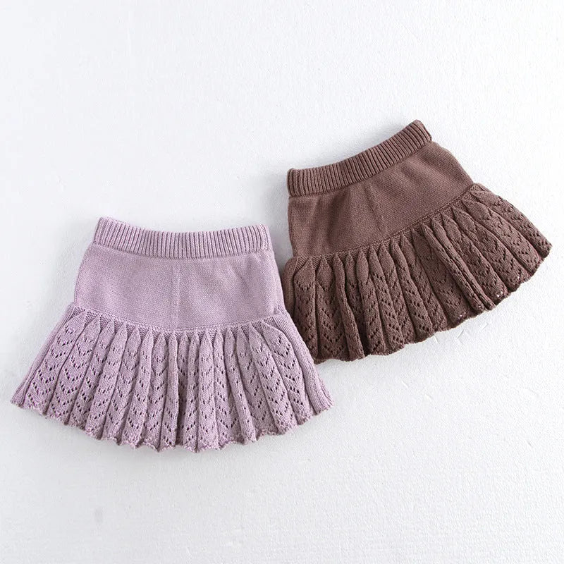 Girls' cotton pleated pantskirt in light grey purple, patterned coffee, or rust red, sizes 70cm to 110cm