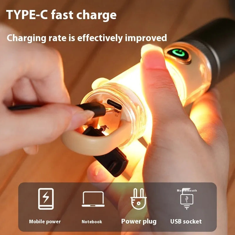 Orange and beige multifunctional flashlight with hook attachment and optical zoom lens