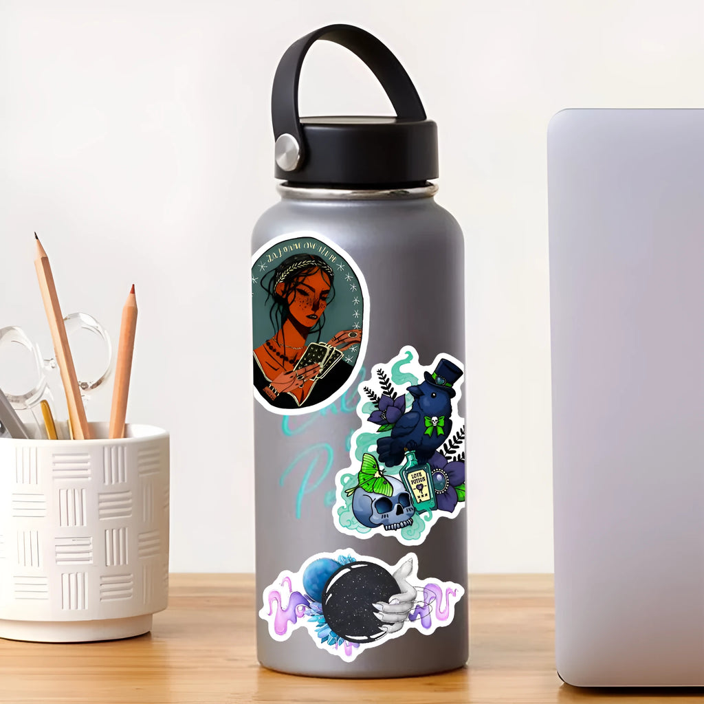 50 waterproof PVC stickers with glossy finish for laptop and skateboard decoration, sizes 3-8cm
