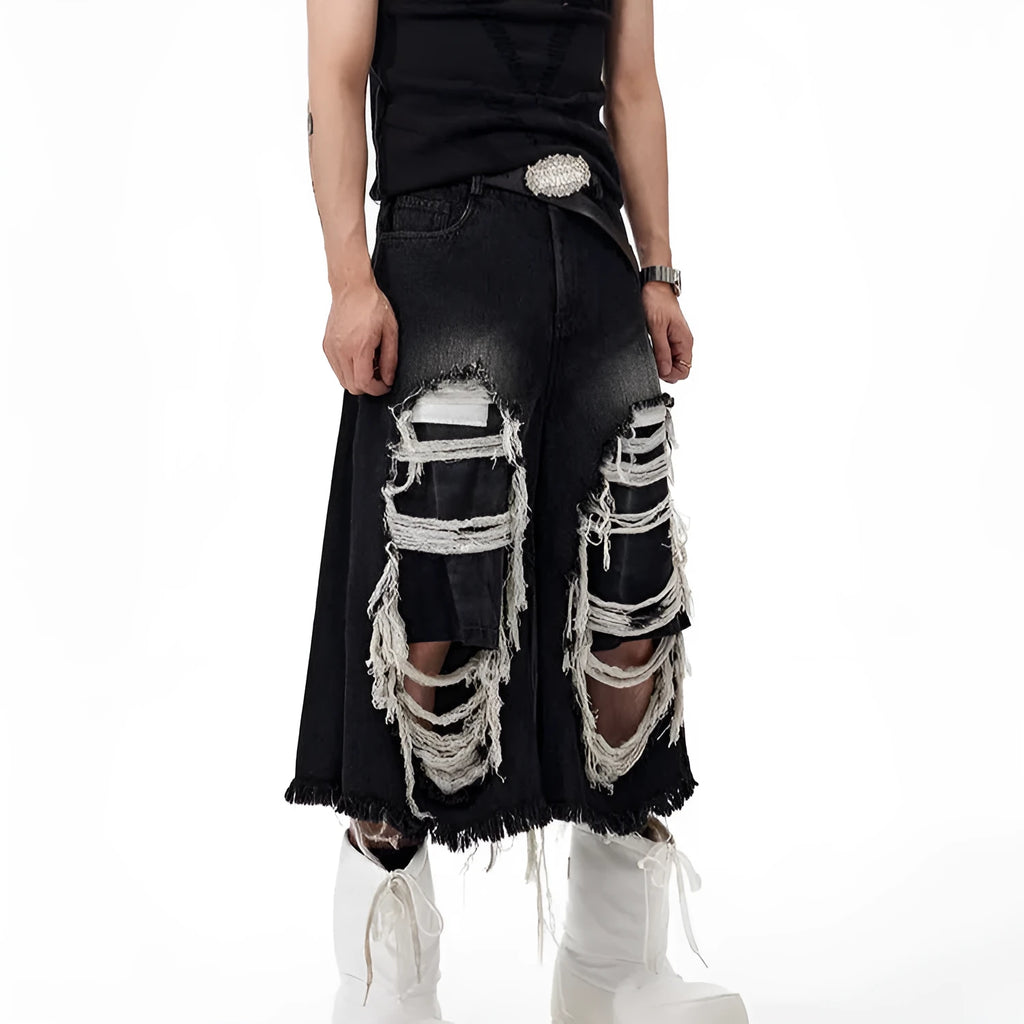 Black cropped wide-leg women's jeans with ripped patches on the knees.