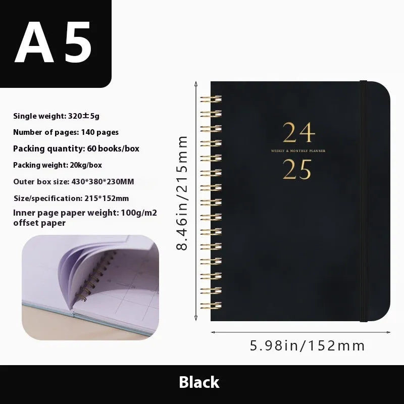 A5 leather notebook with metal coil binding in various colours including black, blue, and green.