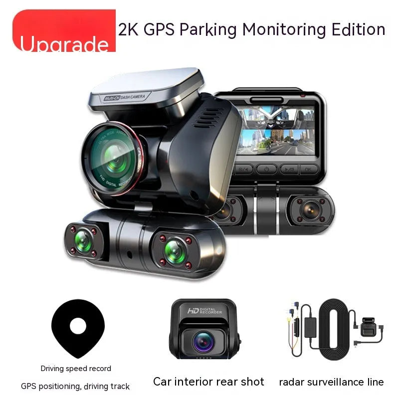 Multi-lens car dash cam with plastic housing, showing a 2-inch screen and button controls.