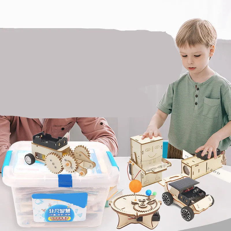 Physical science kit with wooden experiment pieces, pigments, screwdriver, glue, and batteries for kids ages 7-14