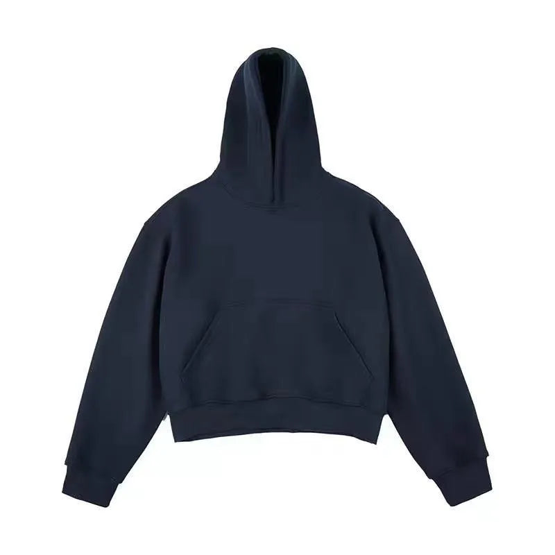Short version Chinese cotton composite hooded sweater with removable hood in dark grey, shown with long sleeves.