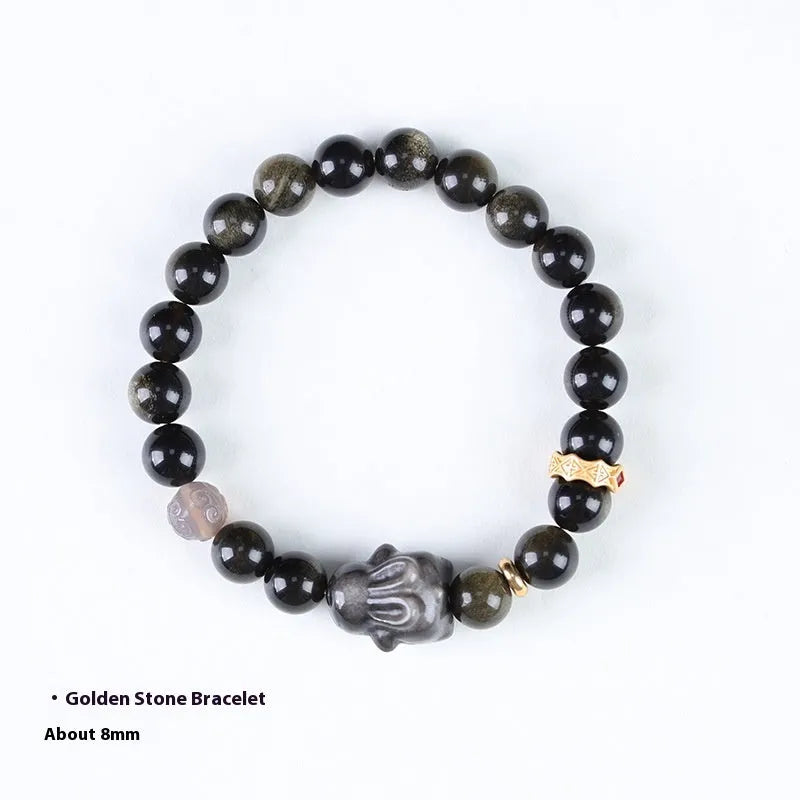 Handmade lying rabbit obsidian bracelet with Jin Yaoshi and brass beads, available in 8mm and 10mm sizes.