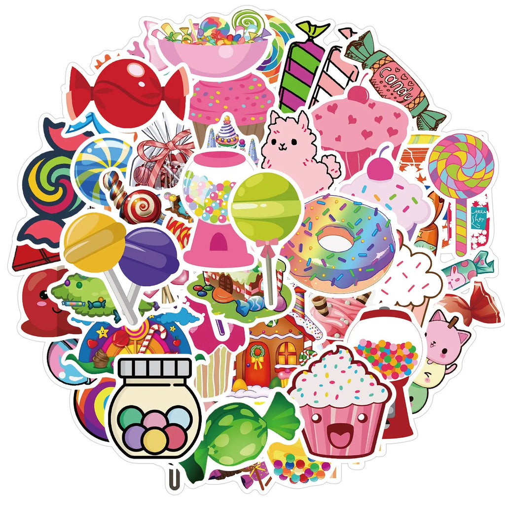 Colourful candy graffiti stickers pack showing cartoon designs and sweet-themed patterns