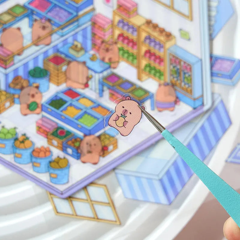 Capabala pre-cut three-dimensional cartoon shop landscape stickers in eight colour themes on a PET sheet.