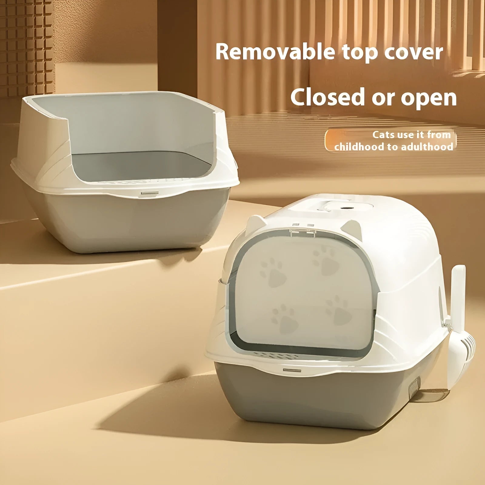 Oversized enclosed PP cat litter box with lid in grey colour, placed on floor