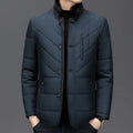 Men's dark blue winter short padded coat with side pockets on a solid background.