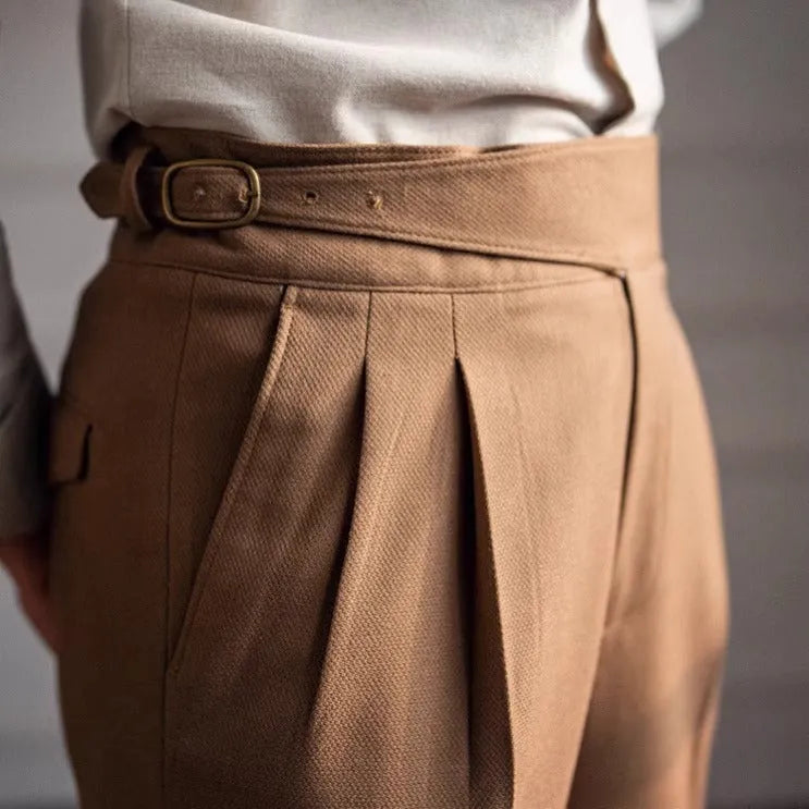 Men's high-waist straight-leg casual trousers in black, shown front and back.