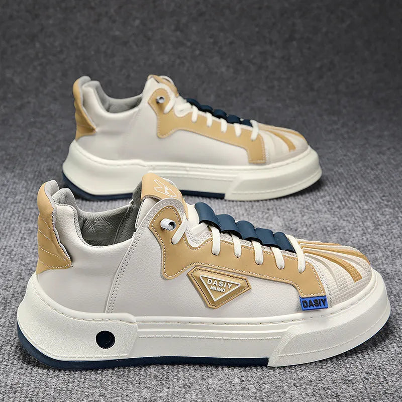 Men's beige and black low-top sneakers with elastic band closure and round toe