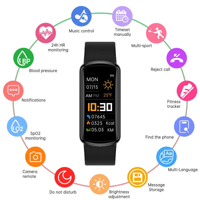 Black unisex electronic sports watch with metal frame, TPU strap, 0.96 inch IPS colour screen, Bluetooth 5.0 and IP68 waterproof rating